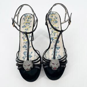 Gucci Black Velvet Elias Platform Sandals with Crystal Tiger Feline Head EU 40